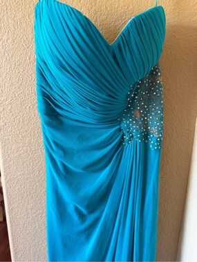 Teal strapless long Evening Dress with Beaded Lace Accent